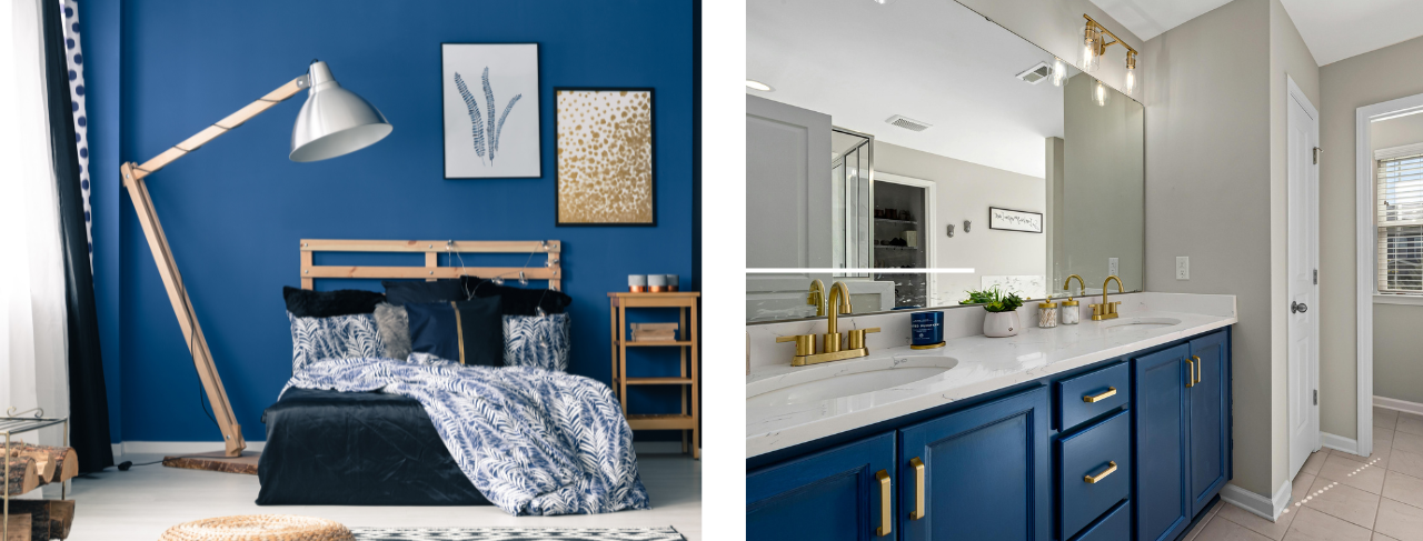 blue and white bed and bath combo