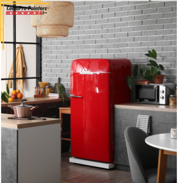 kitchen with red refrigerator 